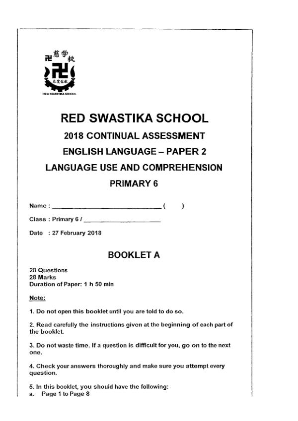 Red Swastika P6 Eng WA1 2018 exam paper PDF first page preview