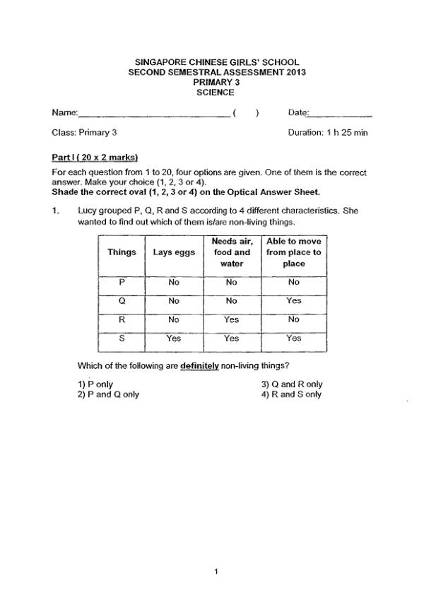 Singapore Chinese Girls P3 Sci SA2 2013 exam paper PDF preview