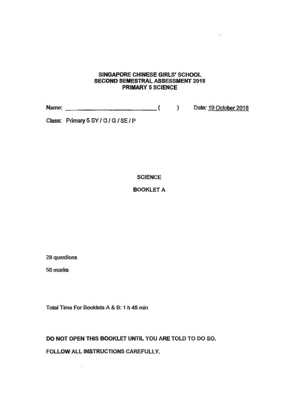 Singapore Chinese Girls P5 Sci SA2 2018 exam paper PDF first page preview