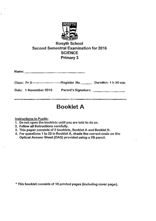 Rosyth P3 Sci SA2 2016 exam paper PDF preview