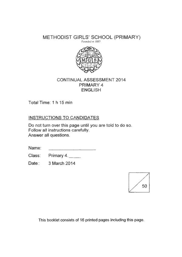 Methodist Girls P4 Eng WA1 2014 exam paper PDF preview