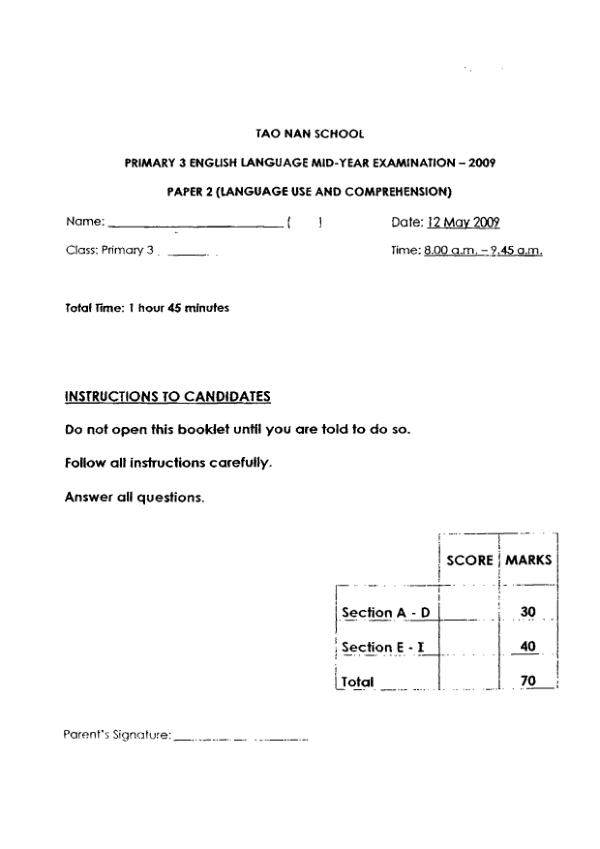 Tao Nan P3 Eng WA2 2009 exam paper PDF first page preview