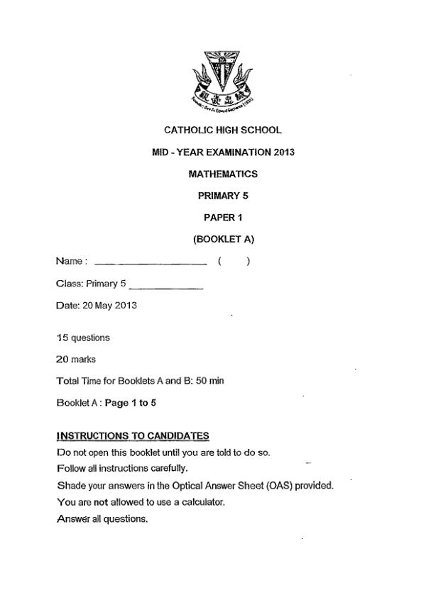 Catholic High P5 Math WA2 2013 exam paper PDF preview
