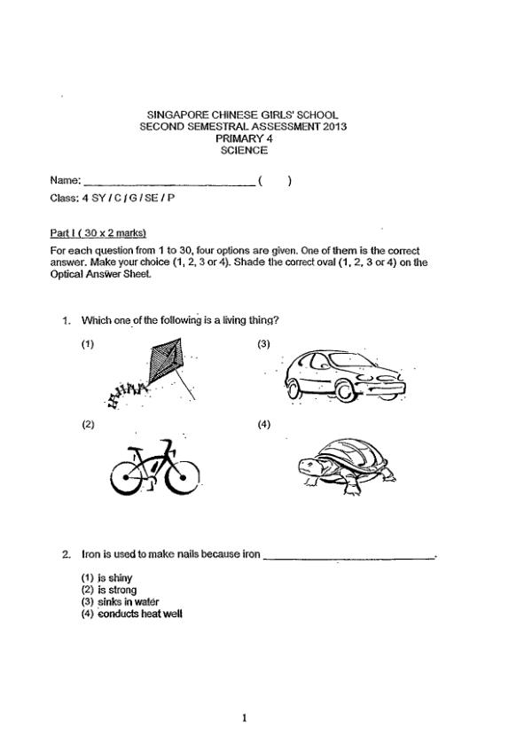 Singapore Chinese Girls P4 Sci SA2 2013 exam paper PDF preview