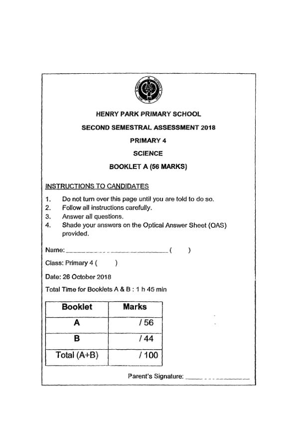Henry Park P4 Sci SA2 2018 exam paper PDF first page preview