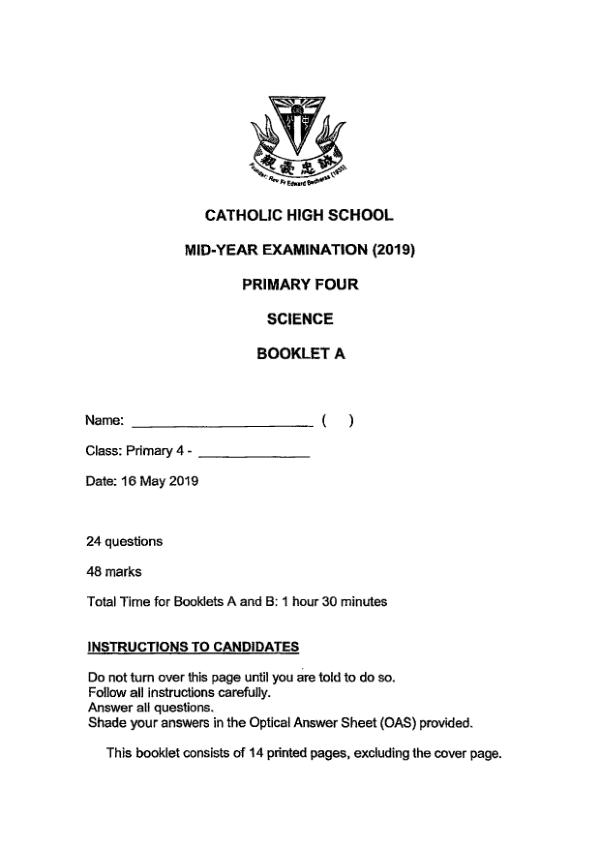 Catholic High P4 Sci WA2 2019 exam paper PDF first page preview