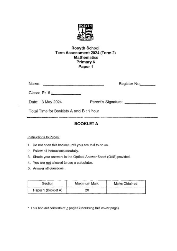 First page preview of P6 Math 2024 WA2 — Rosyth