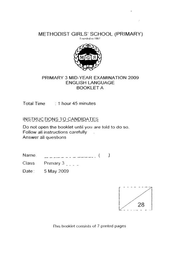 Methodist Girls P3 Eng WA2 2009 exam paper PDF first page preview