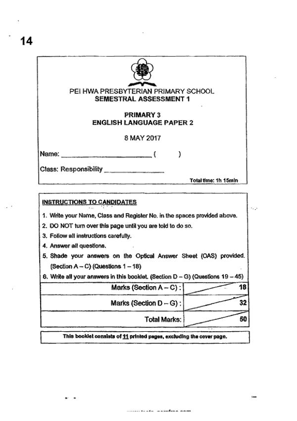 Pei Hwa P3 Eng WA2 2017 exam paper PDF first page preview