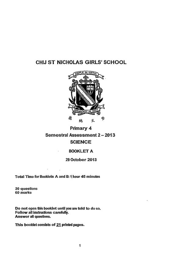 CHIJ P4 Sci SA2 2013 exam paper PDF preview