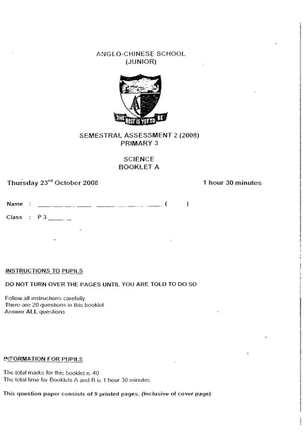 Anglo Chinese P3 Sci SA2 2008 exam paper PDF first page preview