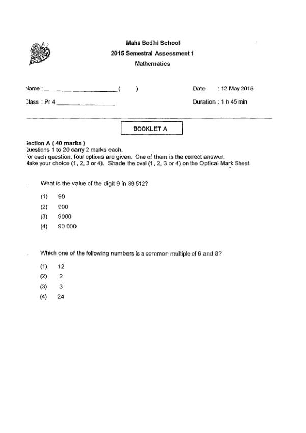First page preview of P4 Math 2015 WA2 — Maha Bodhi