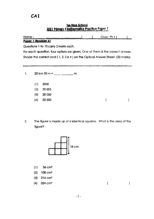 First page preview of P4 Math 2021 WA1 — Tao Nan