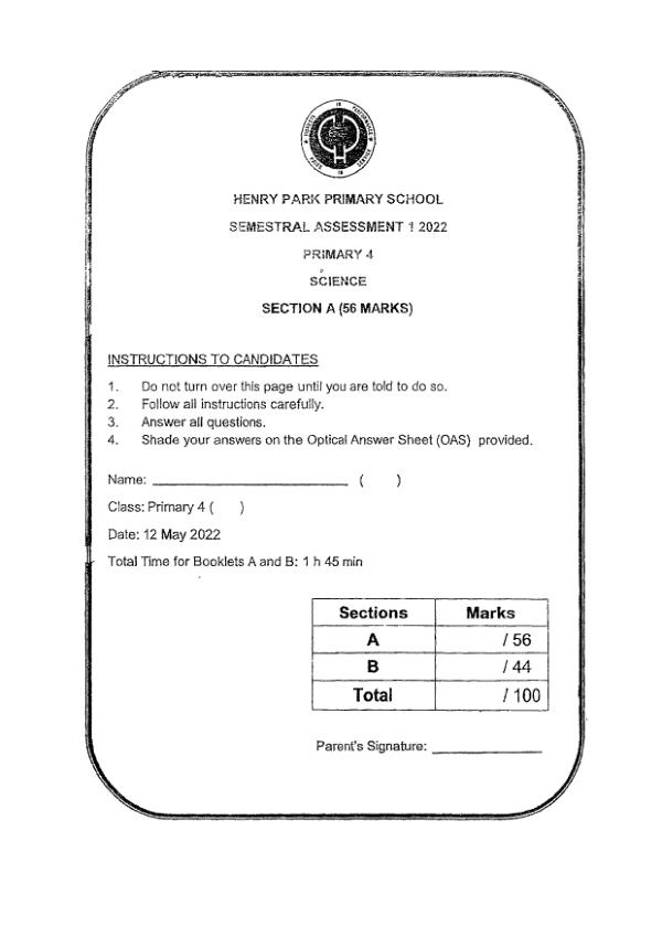 Henry Park P4 Sci WA2 2022 exam paper PDF first page preview