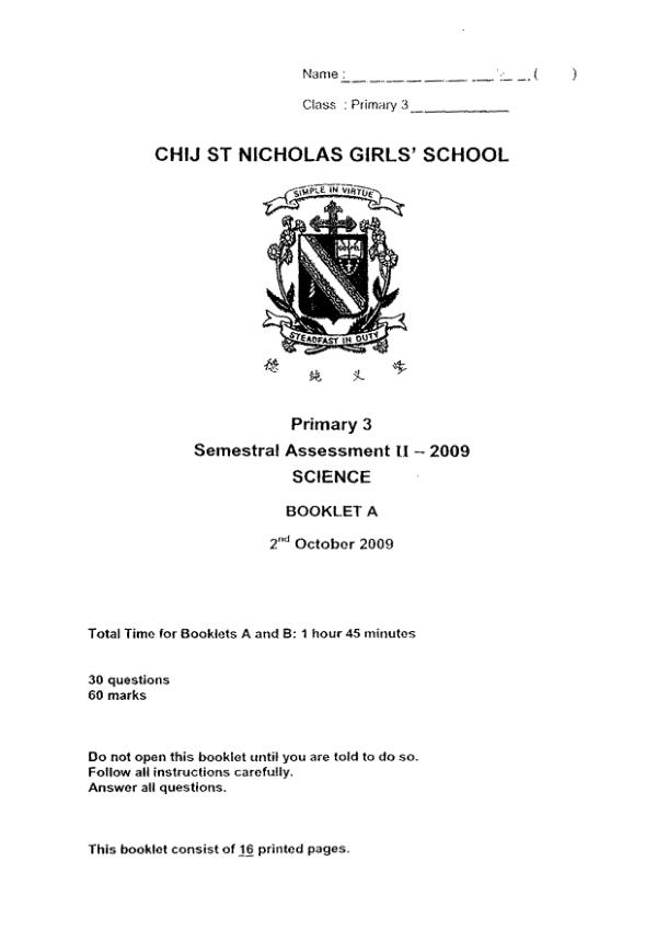 CHIJ P3 Sci SA2 2009 exam paper PDF preview