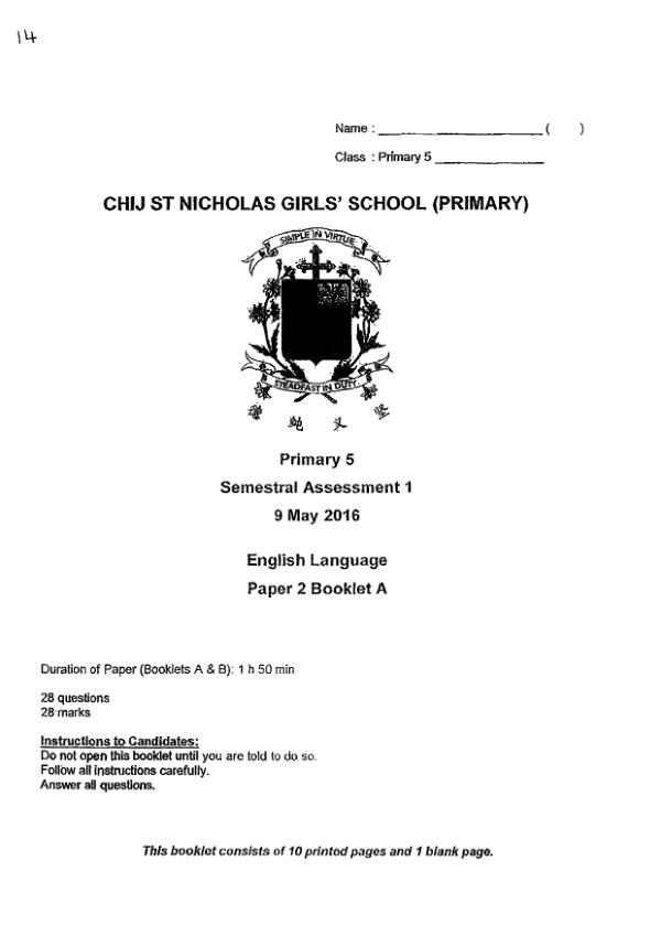 CHIJ P5 Eng WA2 2016 exam paper PDF first page preview
