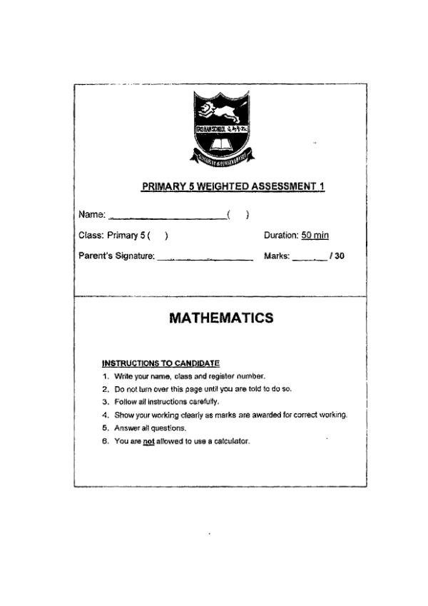 First page preview of P5 Math 2024 WA1 — Tao Nan