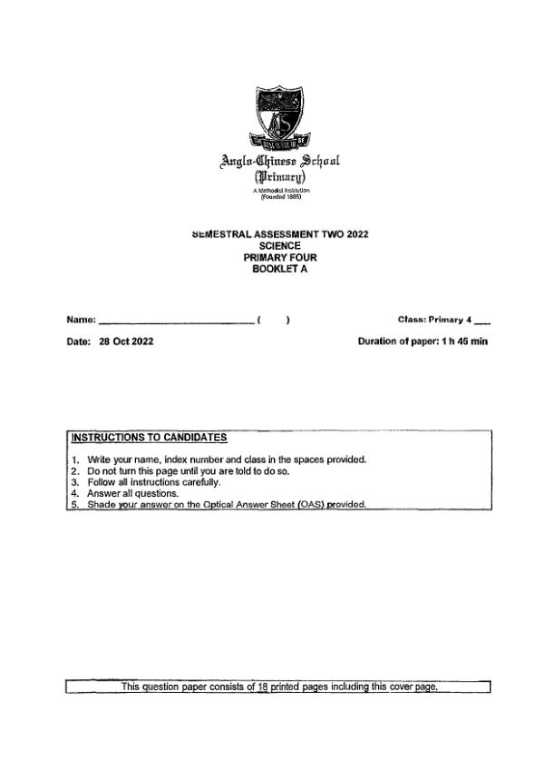 Anglo Chinese P4 Sci SA2 2022 exam paper PDF first page preview