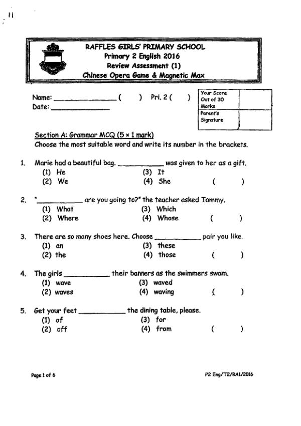 Raffles Girls P2 Eng WA2 2016 exam paper PDF first page preview
