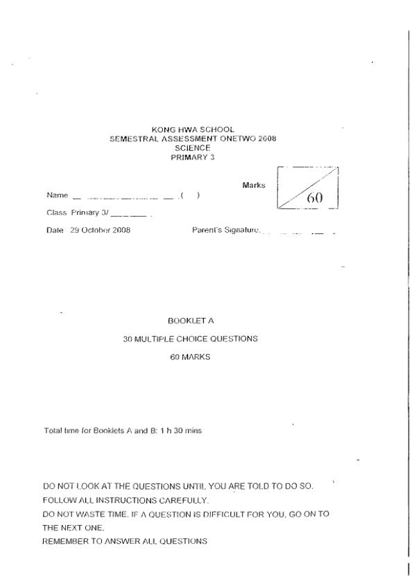 Kong Hwa P3 Sci SA2 2008 exam paper PDF preview