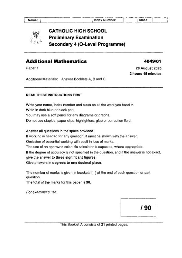 Catholic High Sec4 A_Maths Prelim 2025 exam paper PDF preview