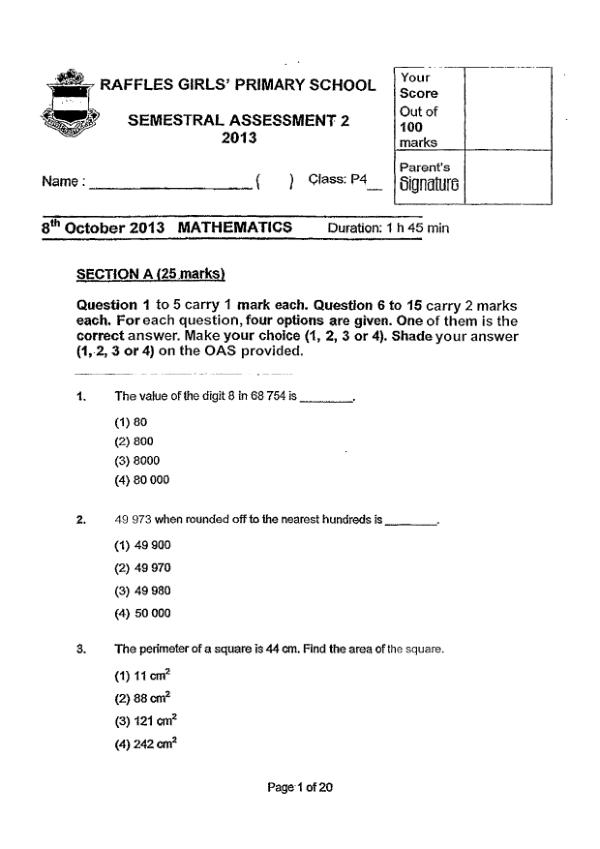 Raffles Girls P4 Math SA2 2013 exam paper PDF first page preview