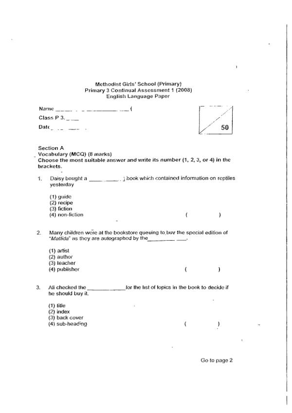 Methodist Girls P3 Eng WA1 2008 exam paper PDF preview