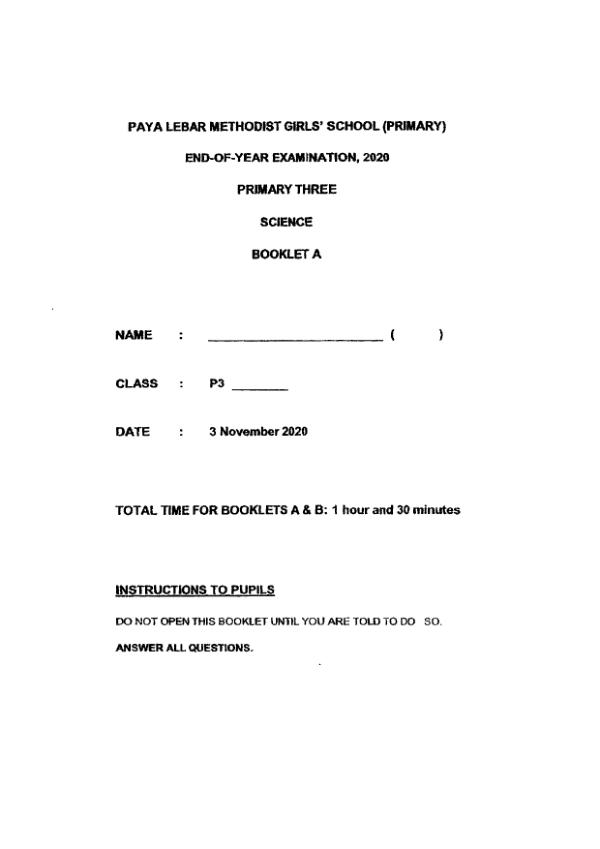 Methodist Girls P3 Sci SA2 2020 exam paper PDF first page preview