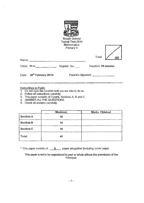 Rosyth P4 Math WA1 2014 exam paper PDF preview