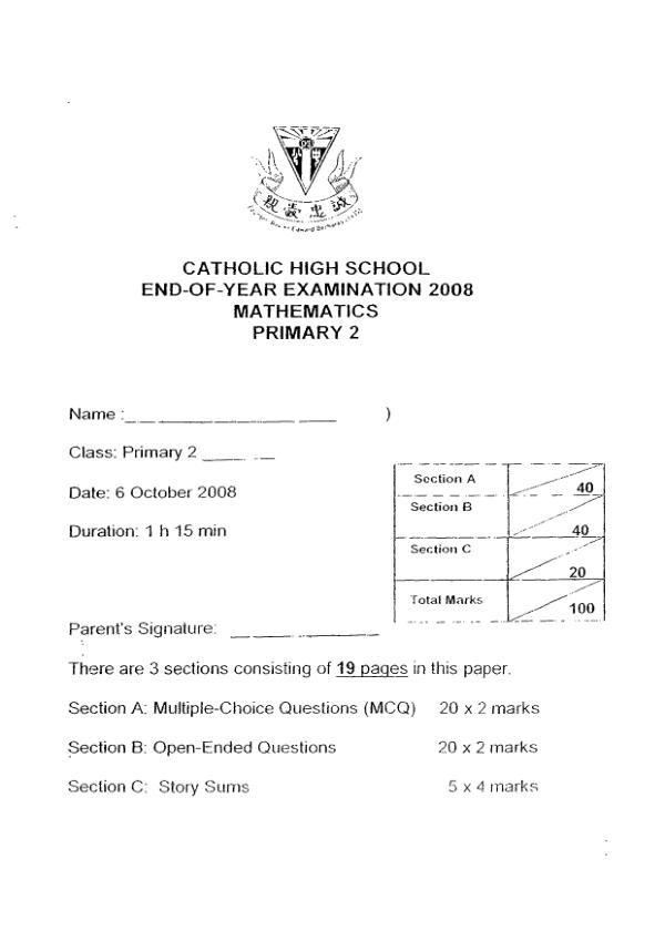 Catholic High P2 Math SA2 2008 exam paper PDF preview
