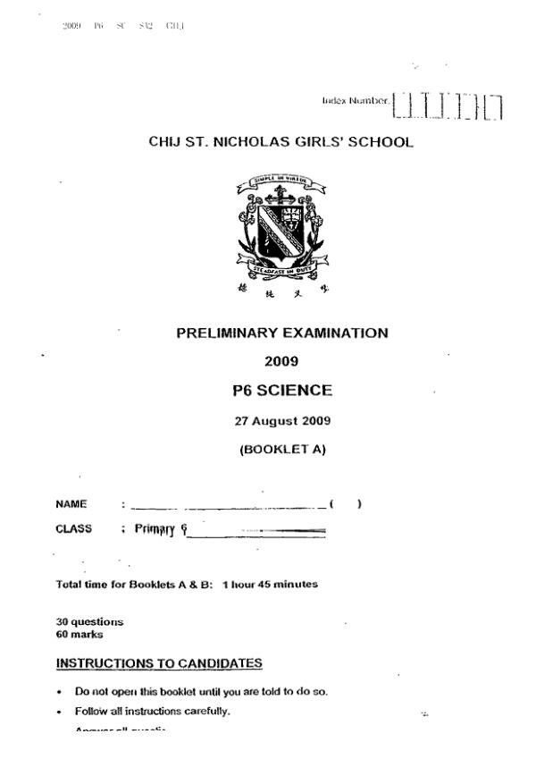 CHIJ P6 Sci SA2 2009 exam paper PDF preview