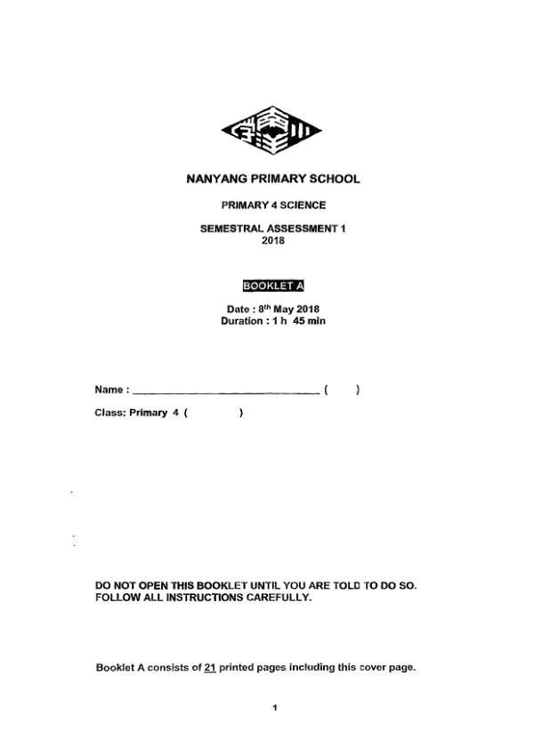 Nanyang P4 Sci WA2 2018 exam paper PDF first page preview