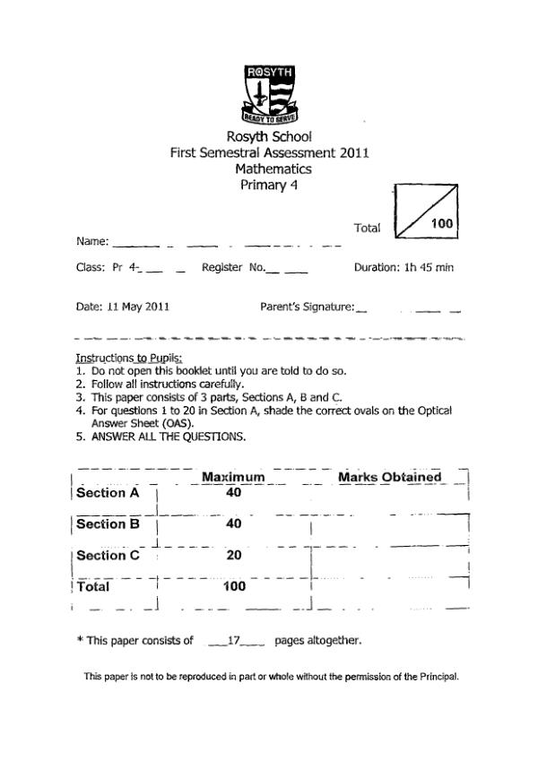 Rosyth P4 Math WA2 2011 exam paper PDF preview