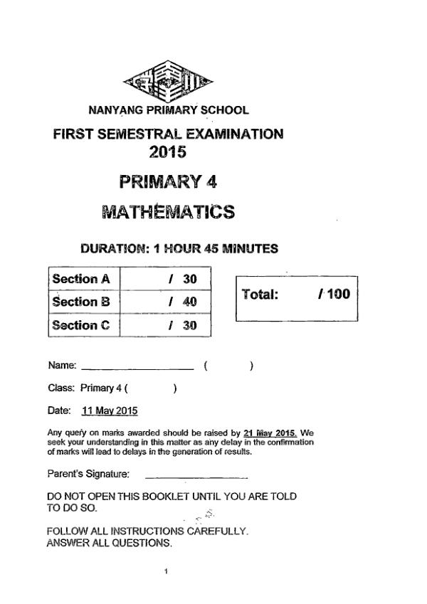 First page preview of P4 Math 2015 WA2 — Nanyang