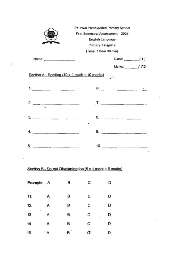 Pei Hwa P1 Eng WA2 2008 exam paper PDF preview