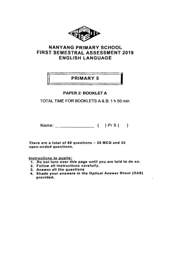 Nanyang P5 Eng WA2 2019 exam paper PDF first page preview