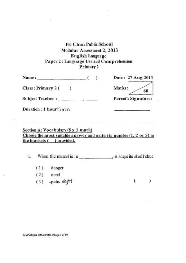 Pei Chun P2 Eng WA3 2013 exam paper PDF first page preview