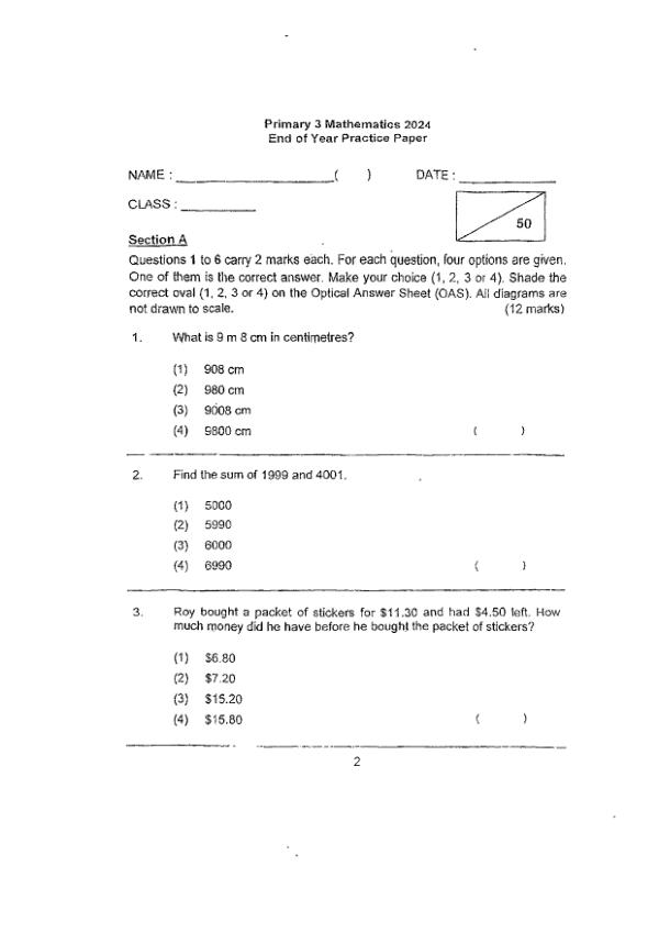 First page preview of P3 Math 2024 SA2 — Catholic High
