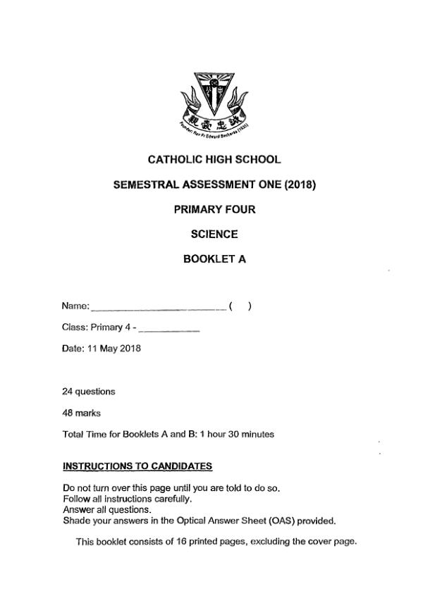 Catholic High P4 Sci WA2 2018 exam paper PDF first page preview