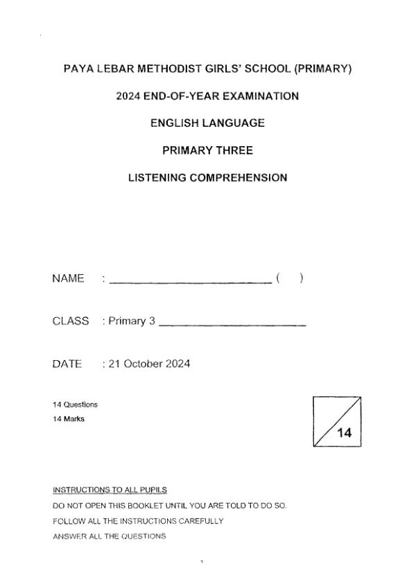 First page preview of P3 Eng 2024 SA2 — Methodist Girls