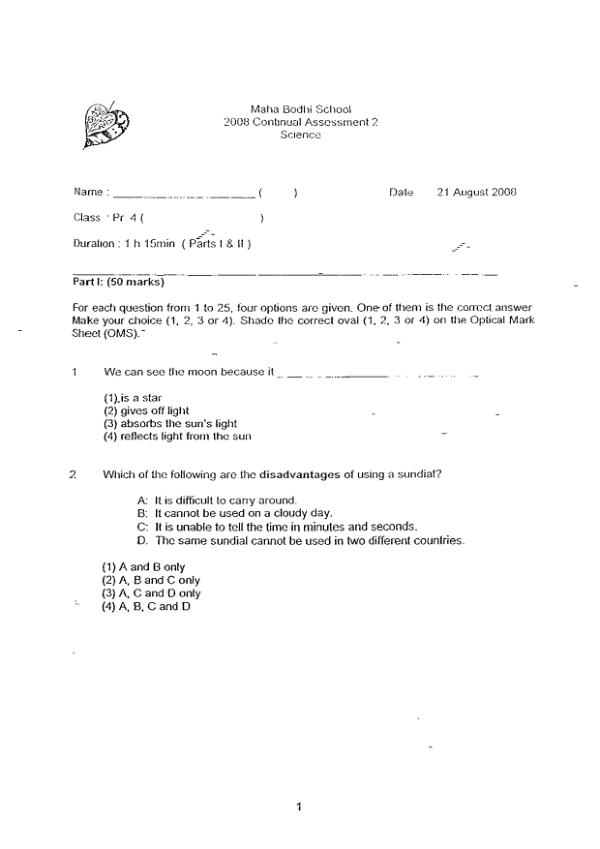 Maha Bodhi P4 Sci WA3 2008 exam paper PDF preview
