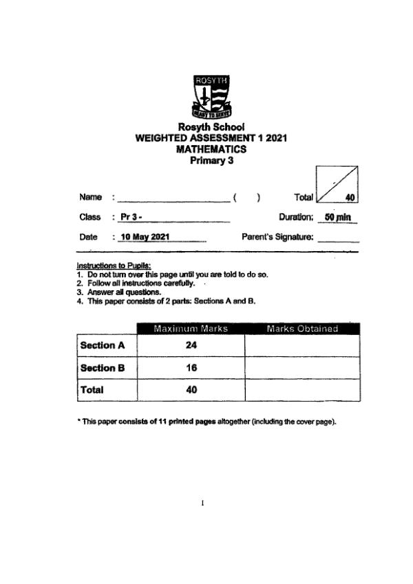 First page preview of P3 Math 2021 WA2 — Rosyth