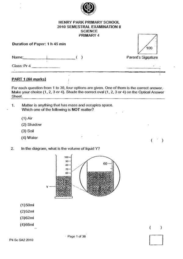 Henry Park P4 Sci SA2 2010 exam paper PDF preview