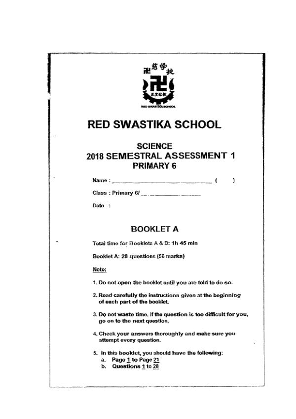 Red Swastika P6 Sci WA2 2018 exam paper PDF preview