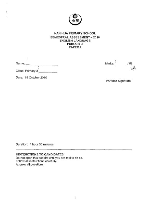 Nan Hua P3 Eng SA2 2010 exam paper PDF preview