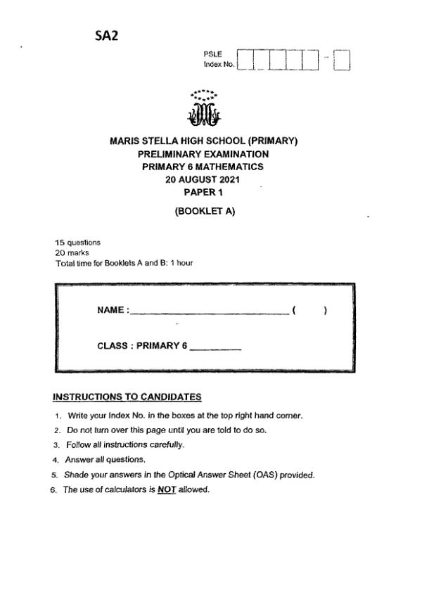 First page preview of P6 Math 2021 SA2 — Maris Stella High