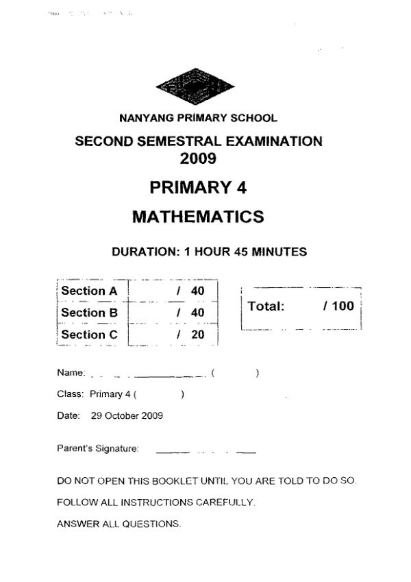 Nanyang P4 Math SA2 2009 exam paper PDF preview