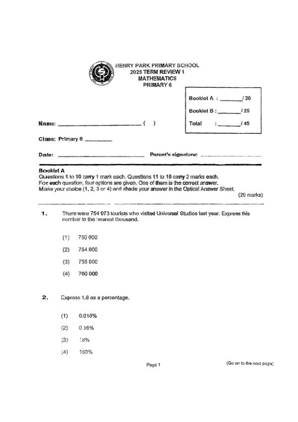 First page preview of P6 Math 2025 WA1 — Henry Park
