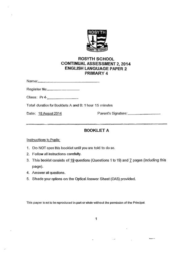 Rosyth P4 Eng WA3 2014 exam paper PDF preview