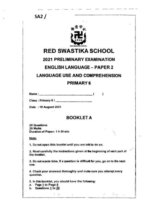 Red Swastika P6 Eng SA2 2021 exam paper PDF preview